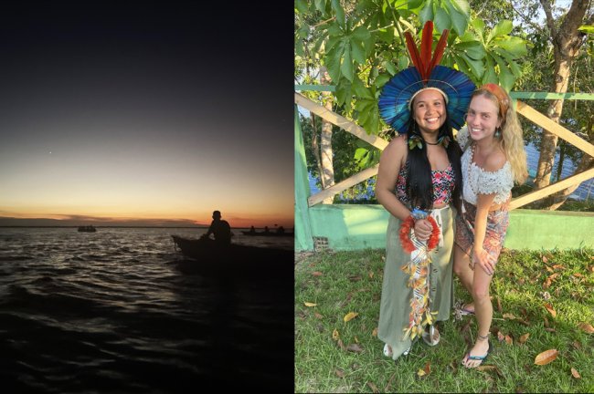 Fotos na Amazônia. À esquerda, do nascer do Sol. À direita, da ativista Val Munduruku