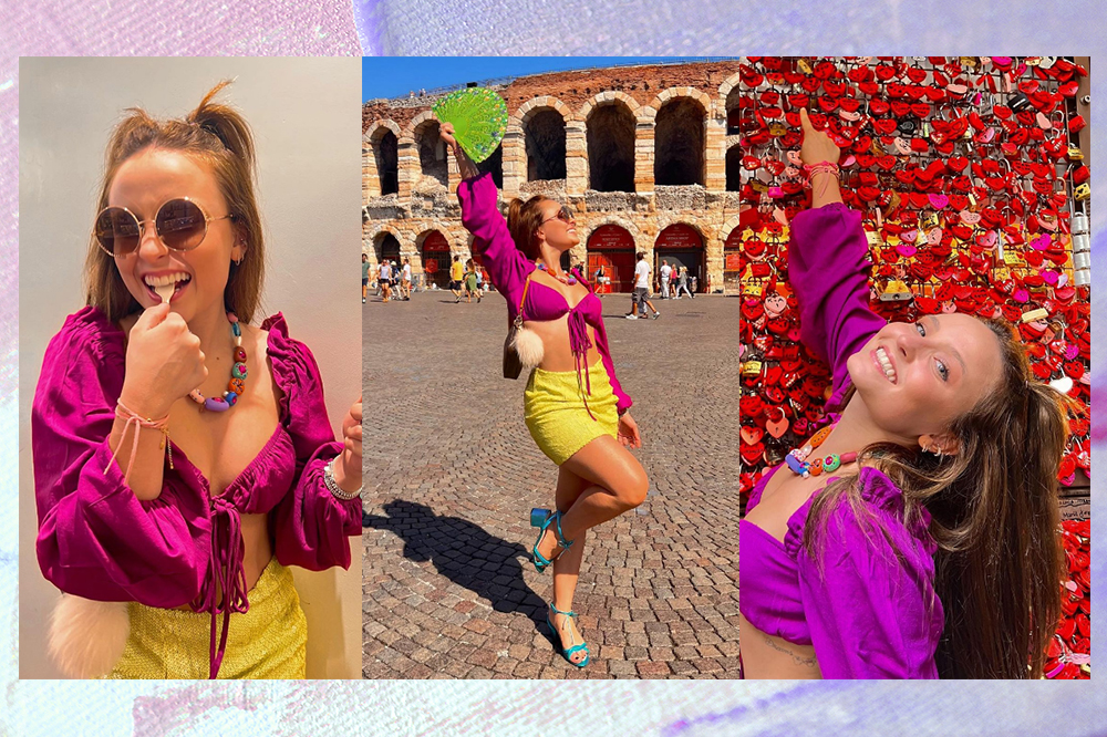 Montagem em fundo lilás e rosa com três fotos de Larissa Manoela usando top roxo, saia amarela em viagem para Itália