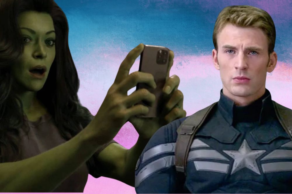 Mulher Hulk com celular na mão e Capitão América