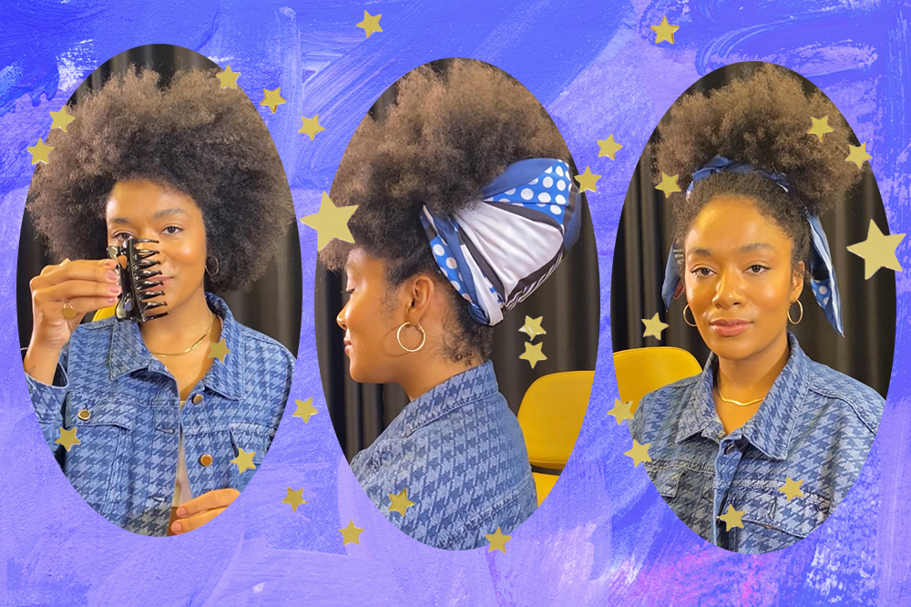 Montagem em fundo azul com três fotos de Sah Oliveira fazendo penteado com piranha de cabelo e lenço estampado azul e branco