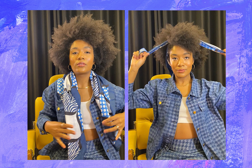 penteados-cabelo-crespo-sah-oliveira-02 Montagem em fundo azul com duasfotos de Sah Oliveira fazendo penteado com lenço estampado azul e branco