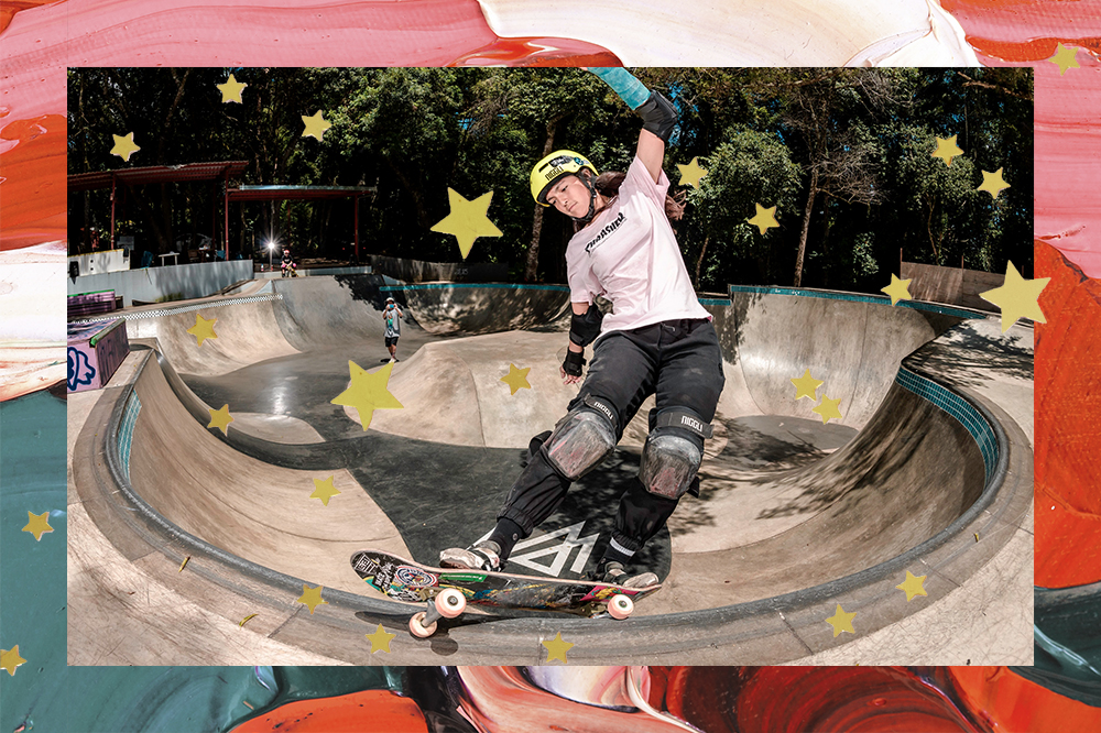 Montagem em fundo rosa, vermelho e verde com estrelinhas douradas com foto da skatista Raicca Ventura andando de skate em bowl