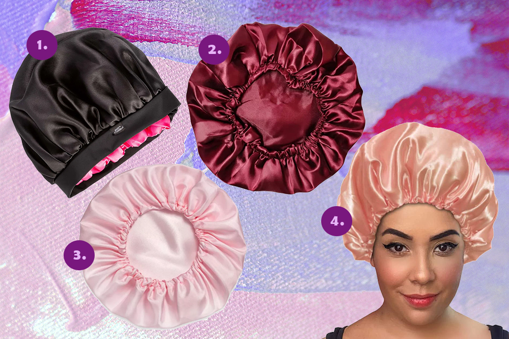 touca-de-cetim-cabelo-01 Montagem em fundo roxo, lilás e rosa com quatro toucas de cetim