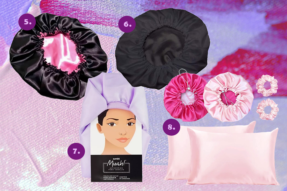 touca-de-cetim-cabelo-02 Montagem em fundo roxo, lilás e rosa com quatro toucas de cetim
