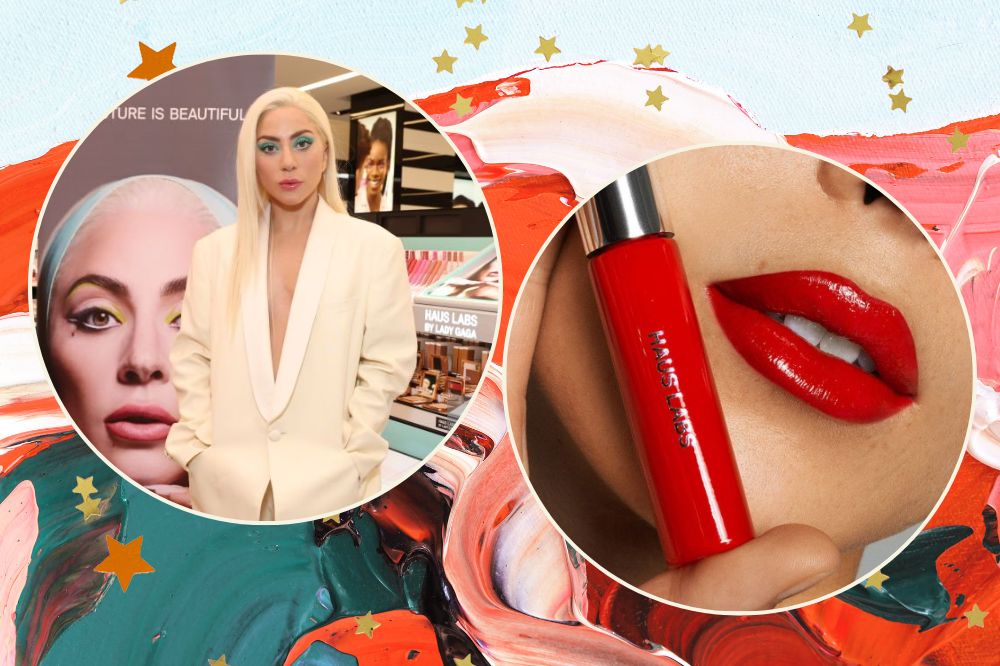 Montagem em fundo colorido com estrelinhas douradas de duas fotos em molduras circulares. À esquerda, Lady Gaga usando roupa branca durante evento de sua marca, Haus Labs. À direita, modelo usando a cor cherry shine nos lábios.