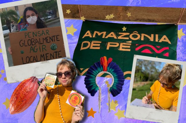 Monatgem com conteúdos da campanha Amazônia de Pé: cartaz e uma mulher assinando a petição
