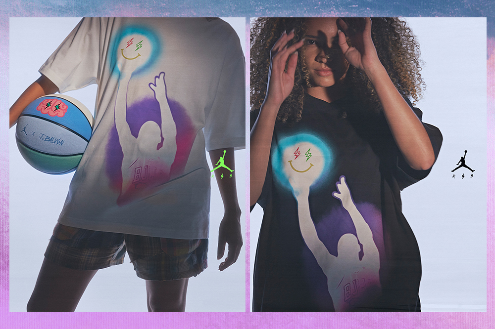 Montagem em fundo lilás de duas fotos de modelos usando camisetas da coleção da Nike em parceria com J Balvin