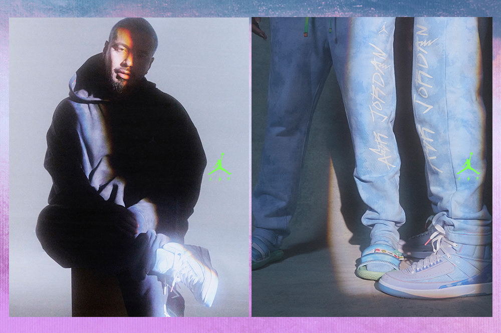 Montagem em fundo lilás de duas fotos. J Balvin usando roupa preta à esquerda e foto de pernas com moletom e chinelo à direita da coleção da Nike com J Balvin