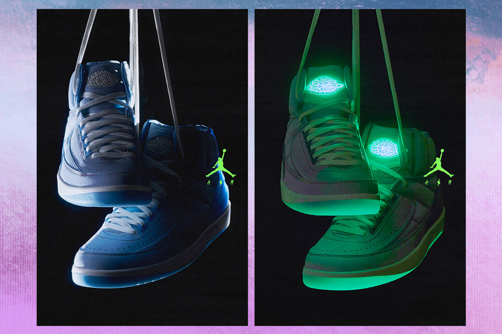 Montagem em fundo lilás de duas fotos do tênis da coleção da Nike com J Balvin