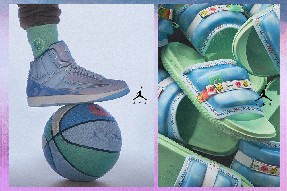 Montagem em fundo lilás de duas fotos do tênis e do chinelo da coleção da Nike com J Balvin