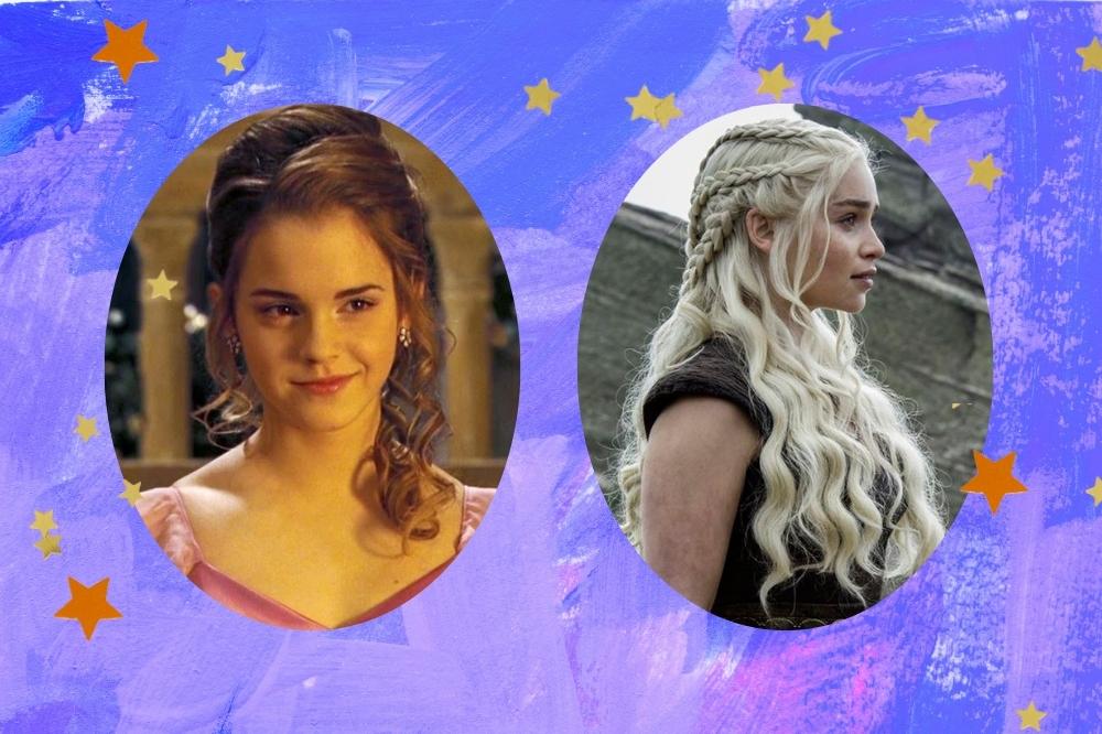 Montagem com o fundo roxo e detalhe de estrelas nas bordas com duas fotos de personagens de Harry Potter e Game of Thrones.