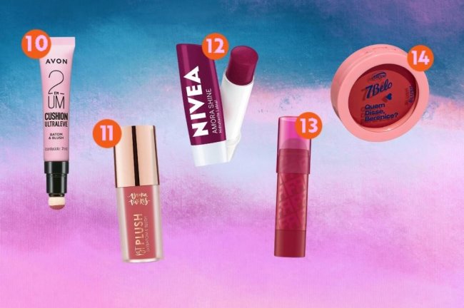indicacoes-de-balms-multifuncionais-blush-e-batom Montagem com o fundo colorido em degradê roxo com a foto de 5 balms multifuncionais que podem ser usados como blush e batom.