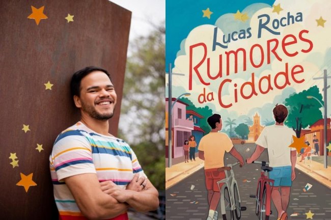 Montagem com a foto do autor Lucas Rocha na esquerda e foto de seu novo livro 