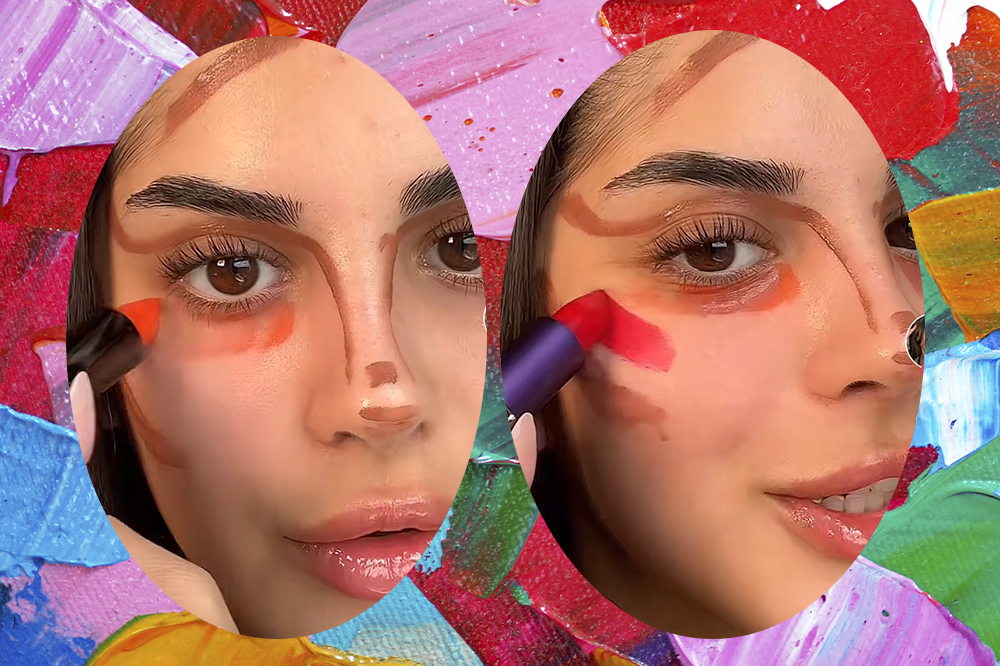Montagem em fundo colorido com duas fotos em molduras circulares de garota fazendo maquiagem apenas usando batom