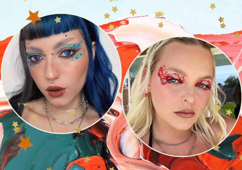 Montagem em fundo colorido com estrelinhas douradas de duas fotos em molduras circulares. À esquerda, Ana Clara Passaretti com um delineado gráfico, ou tribal, azul com aplicações em 3D de strass preto. À direita, MEGS, também usando um delineado tribal, desta vez, vermelho com aplicações em strass preto acinzentado.