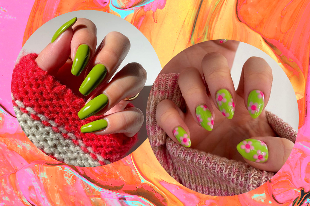 Montagem em fundo amarelo, rosa e laranja com duas fotos em molduras circulares de mãos com unhas que têm nail arts com esmalte verde lima