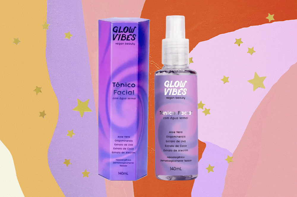produto-skincare-cada-signo-aquario-tonico-facial Tônico facial em fundo amarelo, lilás, rosa e laranja com estrelinhas douradas