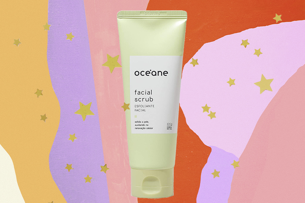 produto-skincare-cada-signo-aries-esfoliante-facial Esfoliante facial em fundo amarelo, lilás, rosa e laranja com estrelinhas douradas