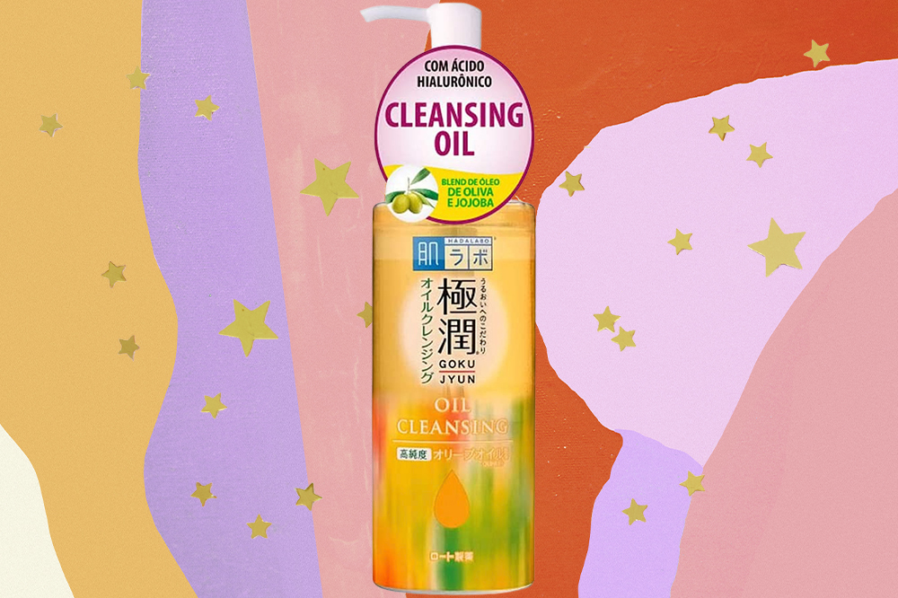 produto-skincare-cada-signo-gemeos-cleansing-oil Cleansing oil em fundo amarelo, lilás, rosa e laranja com estrelinhas douradas