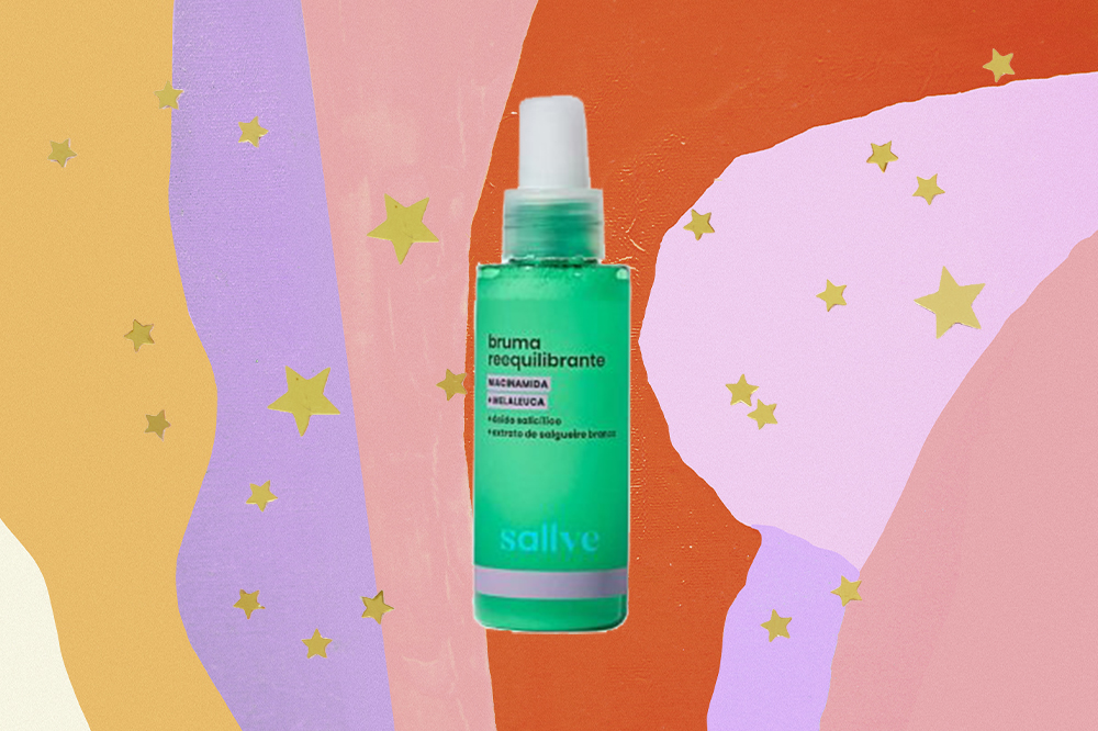 produto-skincare-cada-signo-libra-bruma Bruma facial em fundo amarelo, lilás, rosa e laranja com estrelinhas douradas