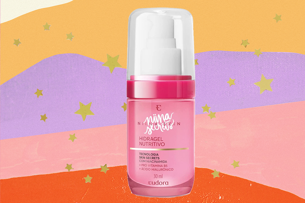 produto-skincare-cada-signo-peixes-hidratante-facial Hidratante facial em fundo amarelo, lilás, rosa e laranja com estrelinhas douradas