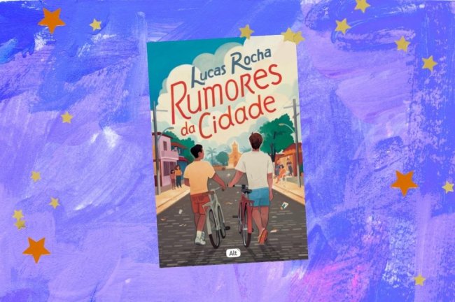 Capa do livro Rumores da Cidade, de Lucas Rocha, em uum fundo de textura roxa com estrelas amarelas como decoração