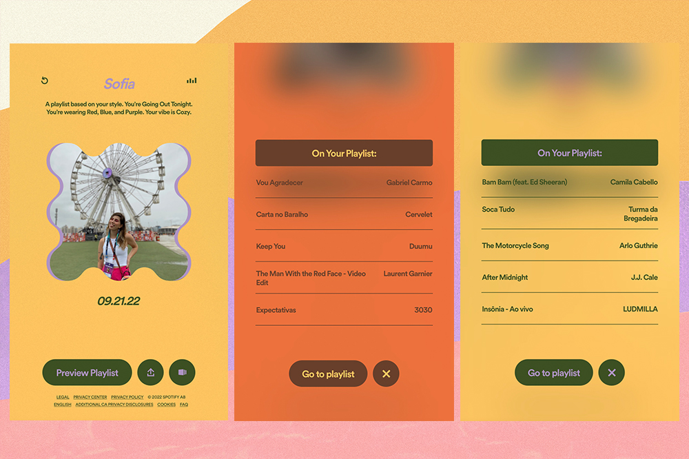 Montagem em fundo amarelo, lilás e rosa com três prints de tela da experiência Get Ready With Music, do Spotify