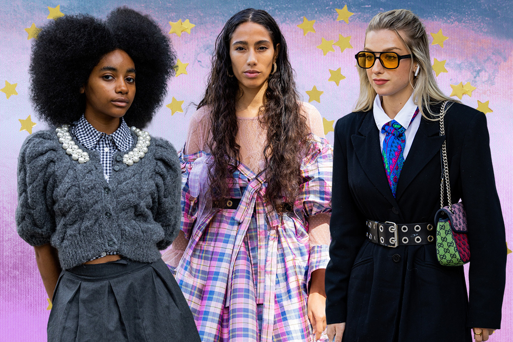 Três looks do street style da semana de moda de Londres em fundo azul e lilás