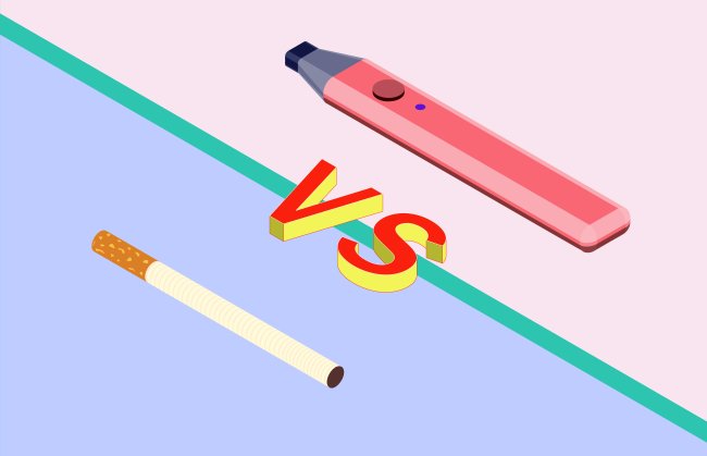 An illustration showing a conventional cigarette versus an electronic cigarette