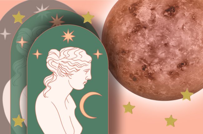 Ilustração da imagem de Afrodite ao lado da foto do planeta Vênus. O fundo é rosa claro com estrelas douradas