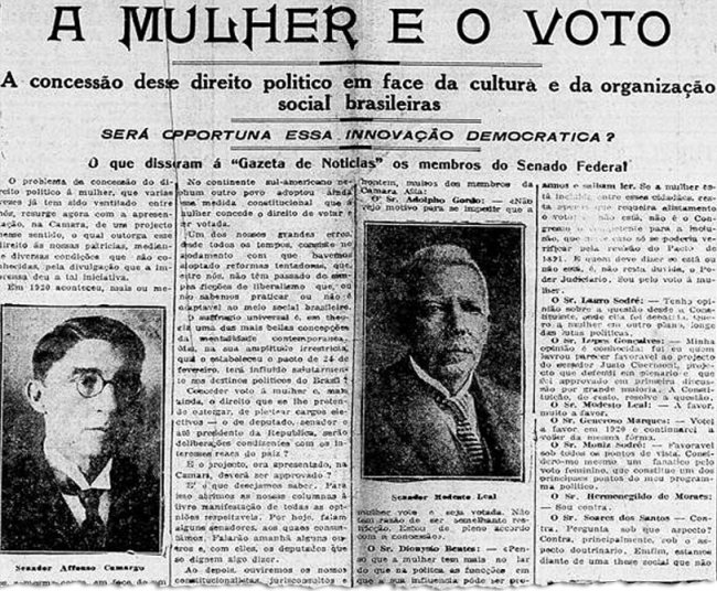 Foto antiga de um jornal de 1924 que debate o direito ao voto feminino