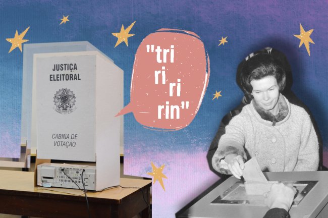 Montagem com a foto de uma mulher votando e de uma cabine de votação brasileira