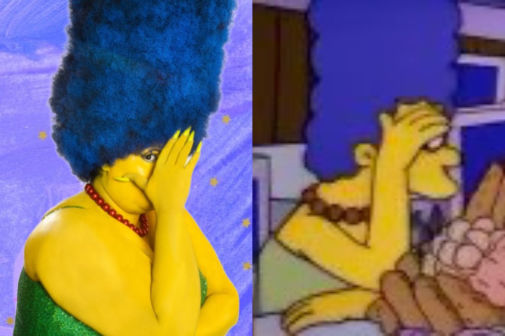 Montagem de duas fotos, a esquerda a cantora Lizzo fantasiada da personagem Margie Simpson e a direita uma foto da personagem. Ambas com a mão tampando o rosto.