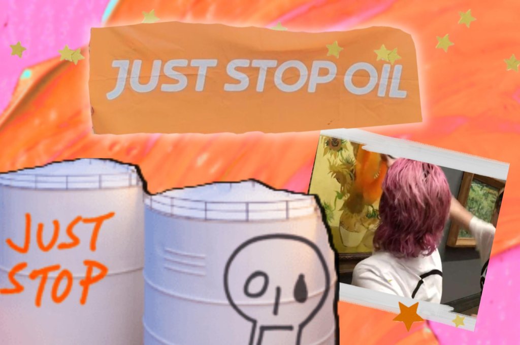 colagem de fotos em tons alaranjados do movimento "just stop oil"