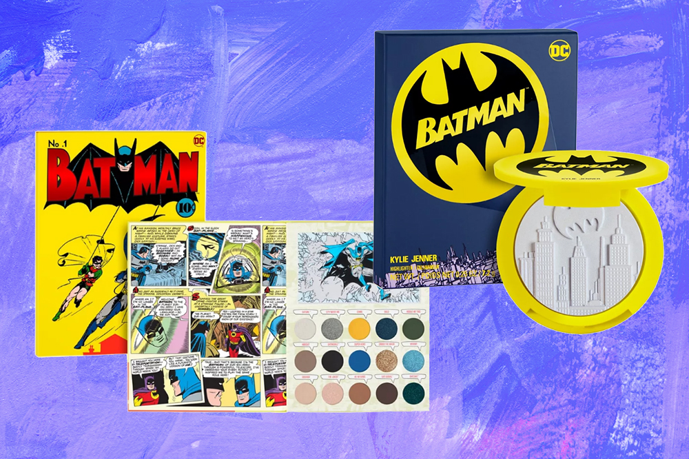 colecao-batman-kylie-cosmetics-halloween-01 Paleta de sombras e iluminador Kylie Cosmetics x Batman em montagem de fundo azul