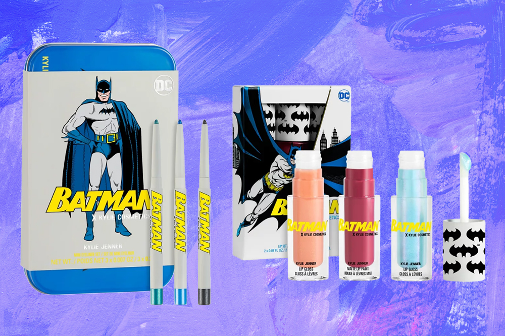 Lápis de olhos e batons Kylie Cosmetics x Batman em montagem de fundo azul
