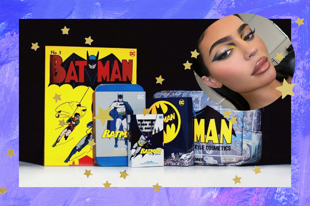 Montagem em fundo azul com produtos de maquiagem da coleção da Kylie Cosmetics inspirada no Batman
