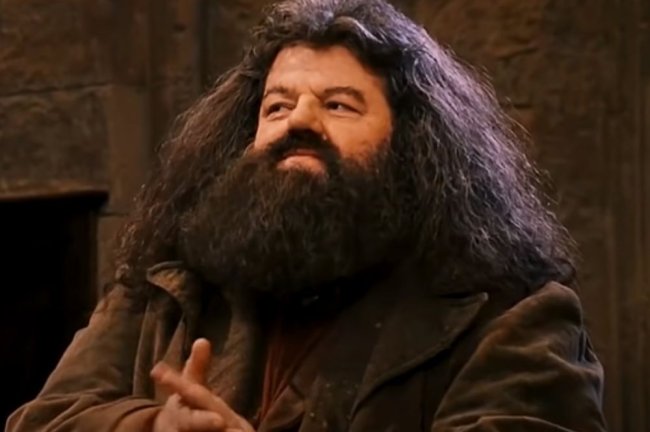 Robbie Coltrane como Hagrid em cena de Harry Potter; ele está batendo palmas e olhando para frente
