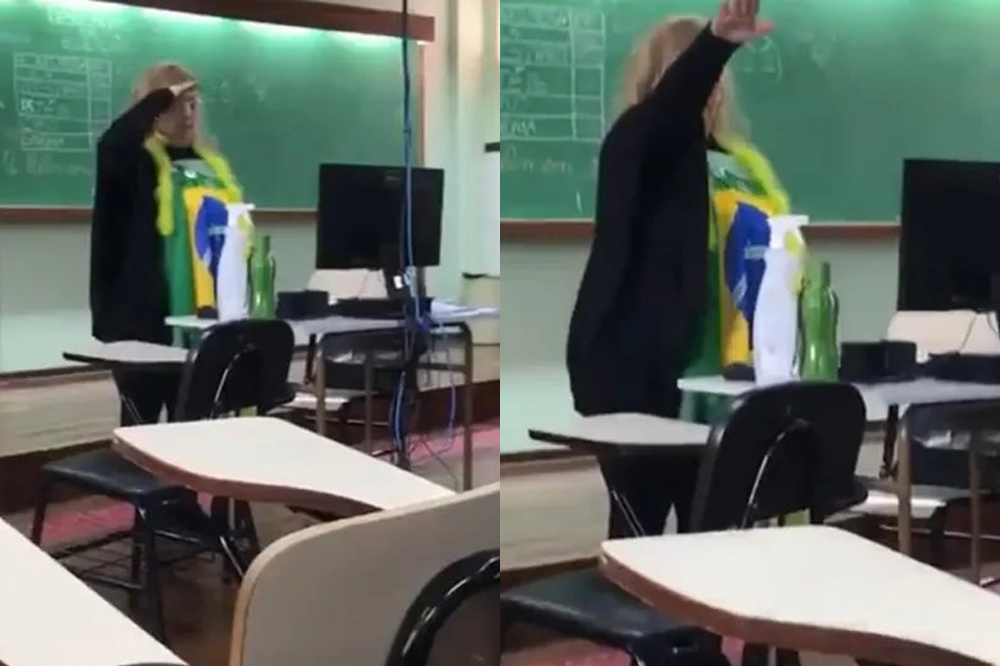 Prints de professora bolsonarista fazendo saudação nazista em sala de aula