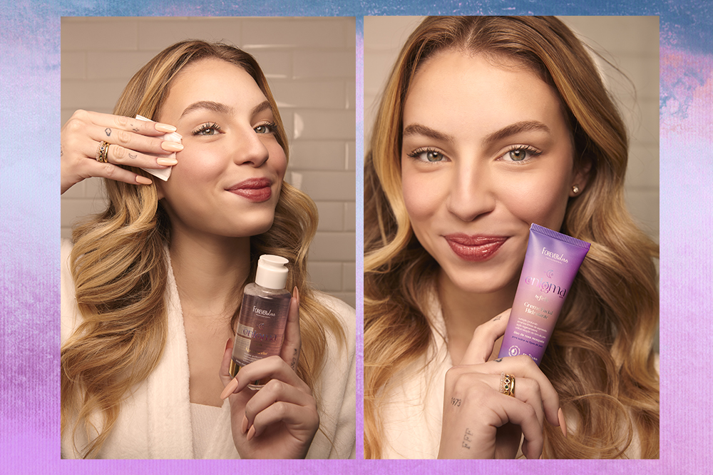 Duas fotos da influenciadora Fefe usando produtos de skincare da sua própria linha. A montagem tem fundo lilás e azul