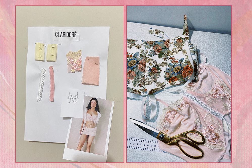 Duas fotos de bastidores da marca de corset Claridoré em fundo rosa
