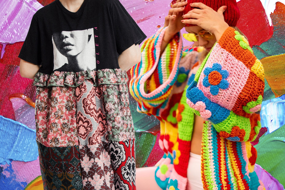 Fundo colorido com dois looks de marcas nacionais. À esquerda, vestido de patchwork; à direita, casaco de crochê colorido