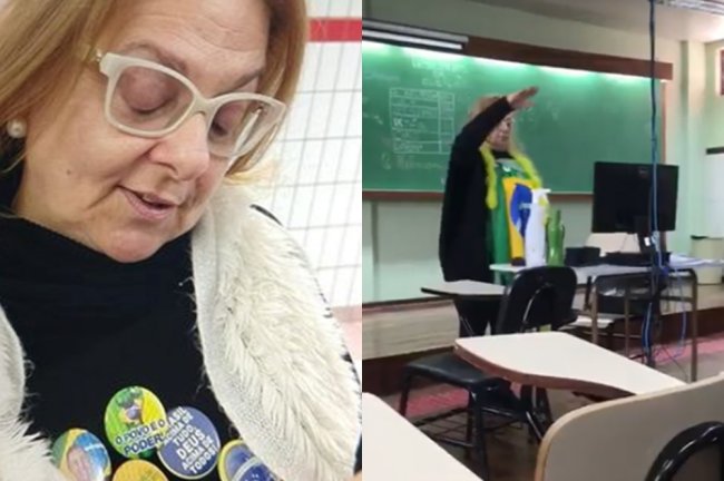 Prints de professora bolsonarista fazendo saudação nazista em sala de aula