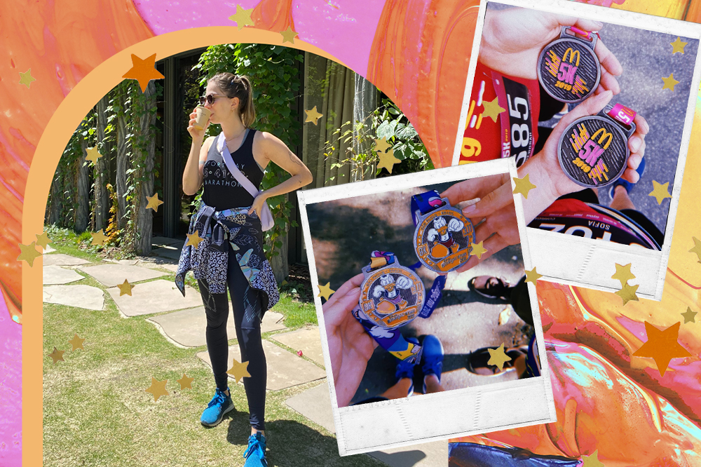 Montagem em fundo laranja, amarelo e rosa com fotos da repórter Sofia Duarte de roupa de ginástica e duas fotos segurando medalhas de corrida de rua