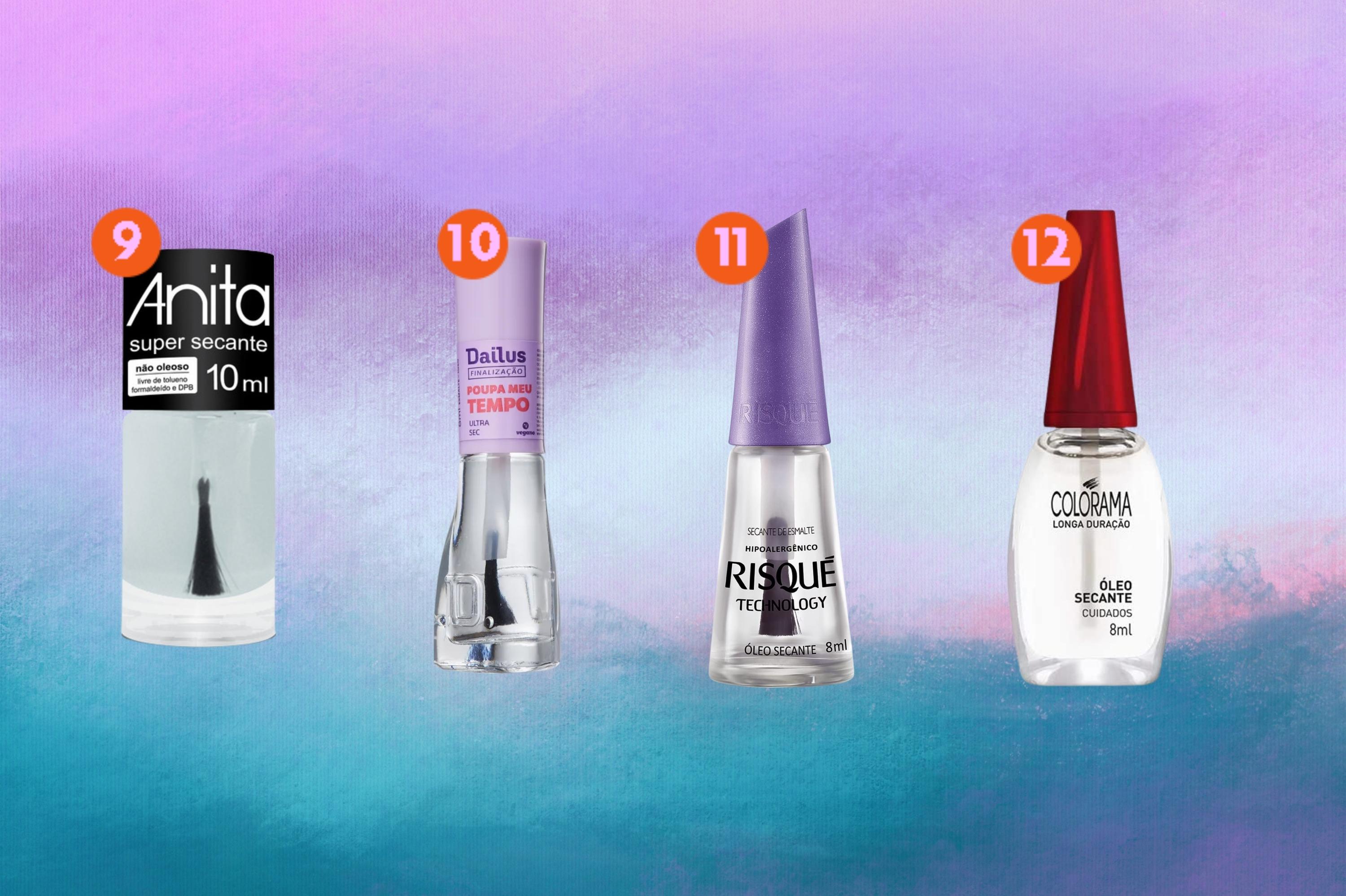 opcoes-de-esmaltes-para-secar-o-esmalte-mais-rapido Montagem com o roxo e azul com quatro opções de óleos para secar o esmalte mais rápido.