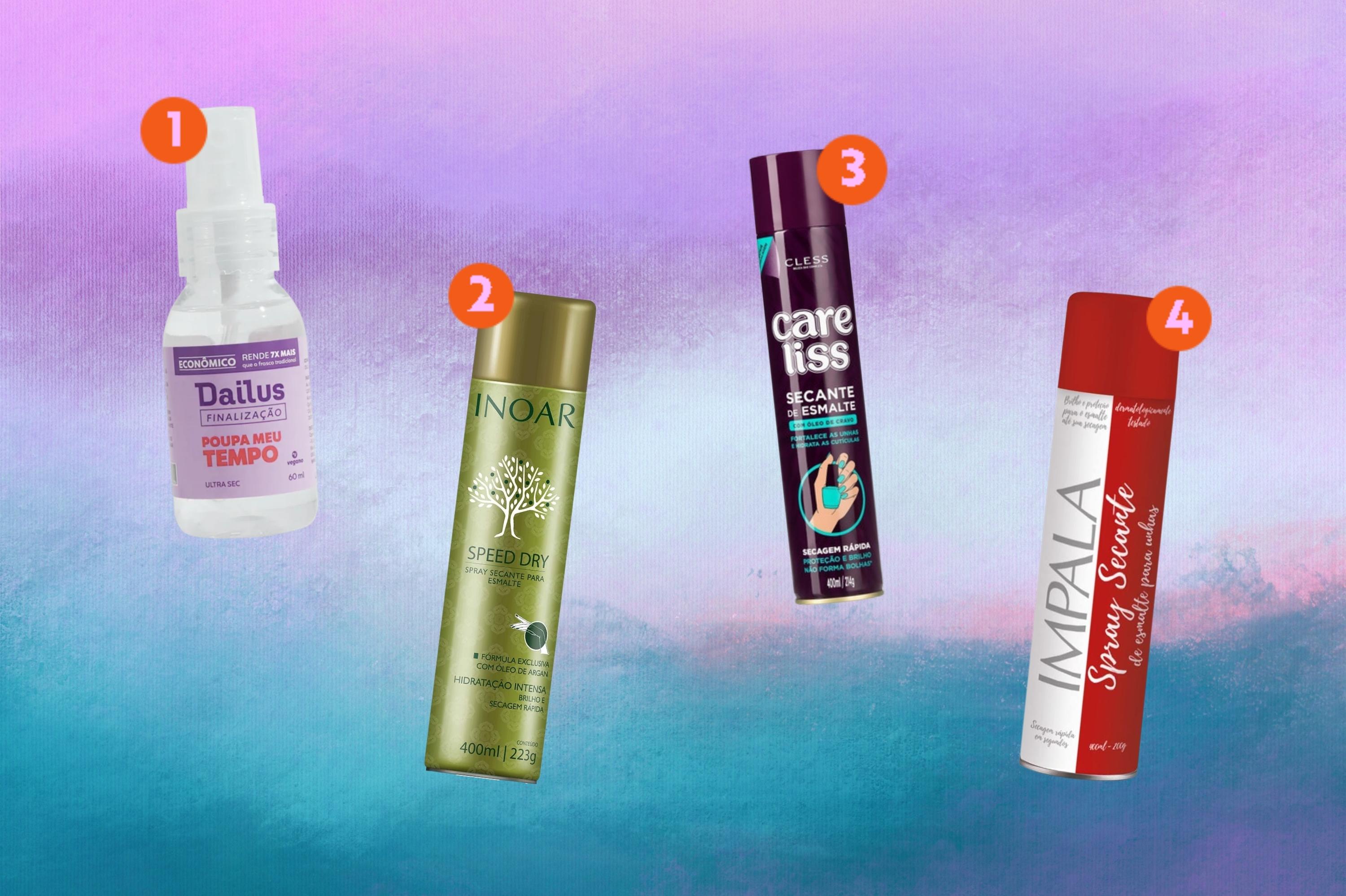 opcoes-de-spray-secante-para-esmalte Montagem com o fundo em degradê roxo e azul com fotos de 4 opções de sprays para secar a unha mais rápido.