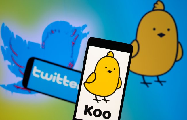 Imagens dos aplicativos Twitter e Koo. Ambos tem pássaros como logo, mas um é azul e o outro é amarelo