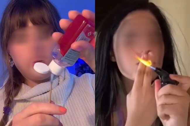 Meninas acendem cotonete com isqueiro para fumar; o rosto das duas está desfocado