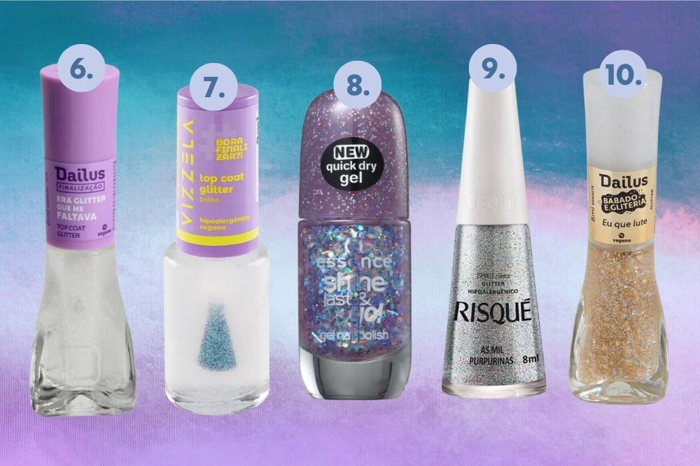 nail-art-taylor-swift-midnights-02 Cinco esmaltes com glitter em fundo degradê azul e lilás