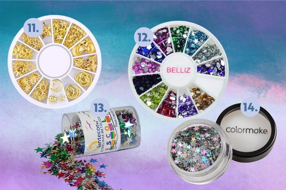 nail-art-taylor-swift-midnights-03 Quatro kits de decorações de unhas 3D em fundo degradê azul e lilás
